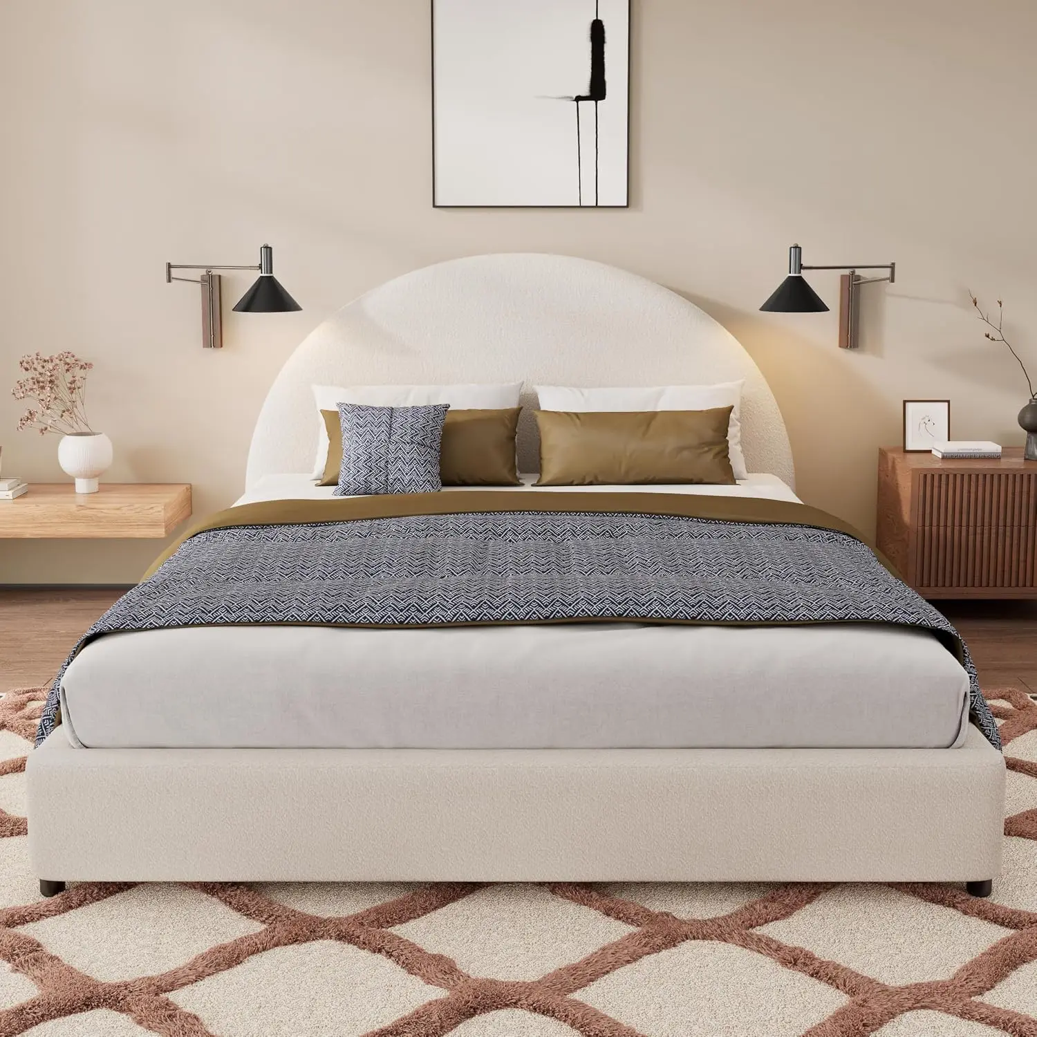 Queen Size Upholstered Platform Bed Frame Boucle Fabric Bedroom Furniture, Customized