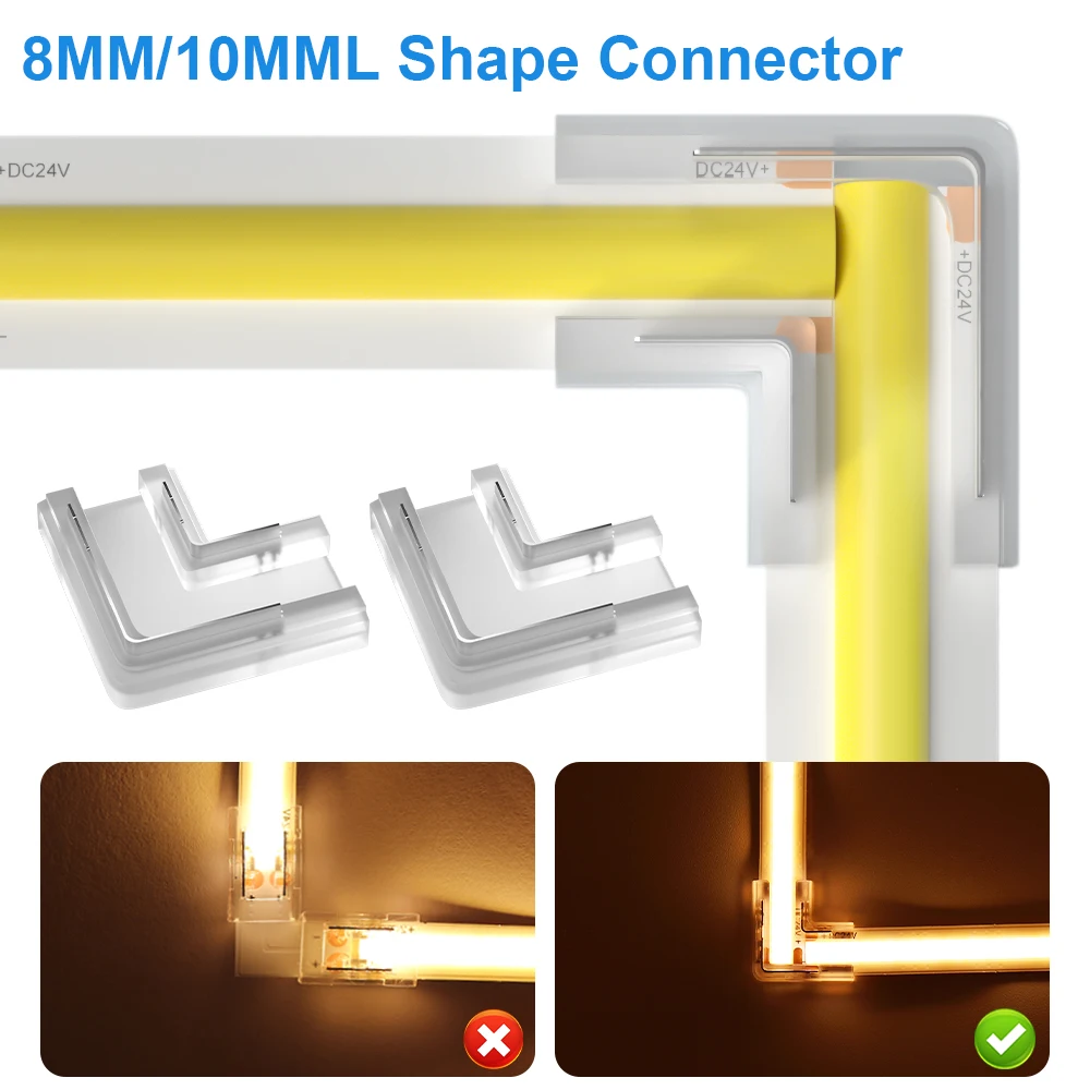 L Shape COB LED Strip Connectors for 8mm 10mm 2pin IP20 90 Degree Corner Free Soldering Quick Easy Connecting Kit 5pcs