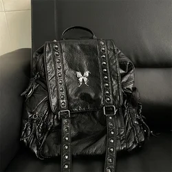 MBTI Y2k Black Womens Backpack Vintage Fashion Gothic Soft Pu Leather School Backpack Large Capacity Men Casual Original Bag Sac