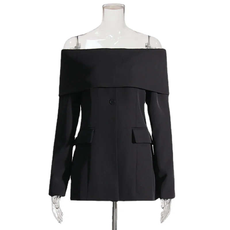 Niche Design Sense Solid Color Splicing Suit, Long Sleeve, Off-the-Shoulder, Sexy All-matching Pocket Coat, New Line