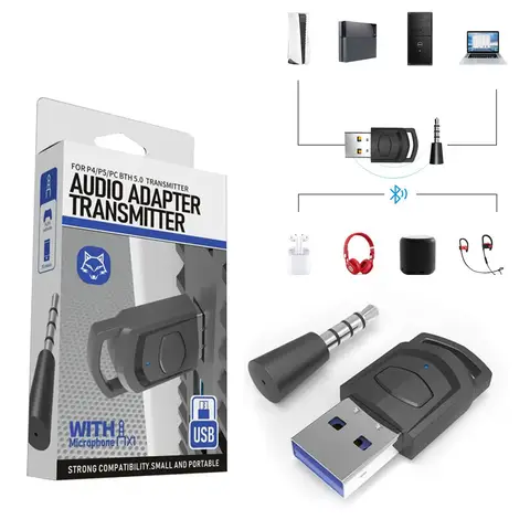 For PS5/PS4 Game Console PC 2 in 1 USB Bluetooth Audio Transmitter Wireless Headphone Adapter Receiver Headset Bluetooth 5.0