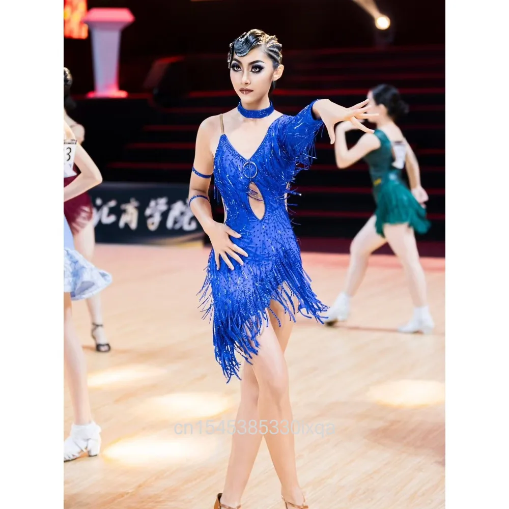 Latin Dance Dress Women Female Children Customsized Rumba Chacha Tango Single Sleeves Performance Clothing Skirt Latin Dresses