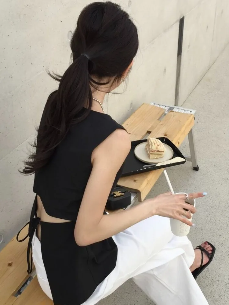 

Korean Design Sensation Small ence Ba Slit Tie Vest Women's Summer New White irt Top Ele Faionable Svel
