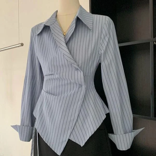 

Женская приталенная полосатая рубашка с длинным рукавом и отложным воротником, весна 2025, новая модель для офиса, из полиэфирного волокна, на пуговицах