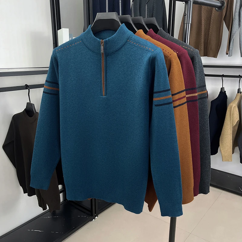 Exquisite Craftsmanship Men's Half Zipper Sweater Autumn Winter Quality Striped Long Sleeve Knitted Sweater Business Menswear