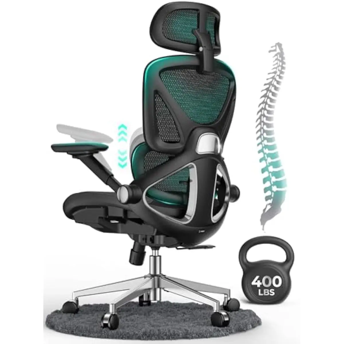 Ergonomic high-back mesh seating with micro-adjustable lumbar support across 8 levels, 4D flip-up armrests, 3D height-depth head