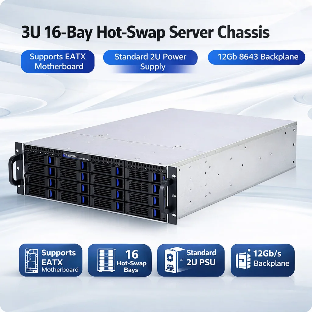 3U 16 Bay Rackmount Server Chassis with 12GB 8643 Backplane, Hot-Swap 3.5