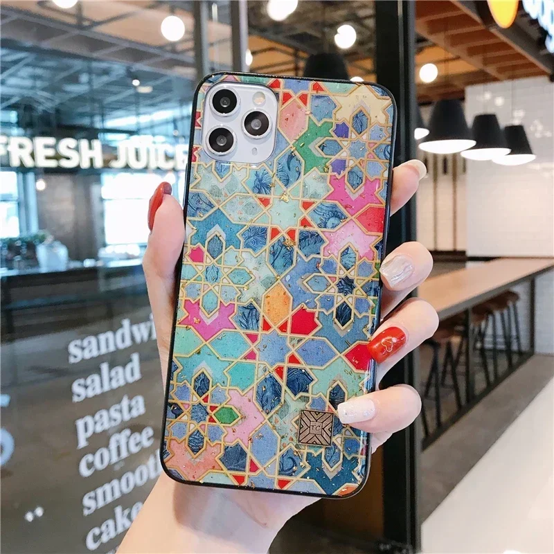 Contrasting Color Gold Foil Silicone Phone Case For iPhone 16 15 14 13 11 12 Pro Max Plus Glitter Geometric Painted Epoxy Cover