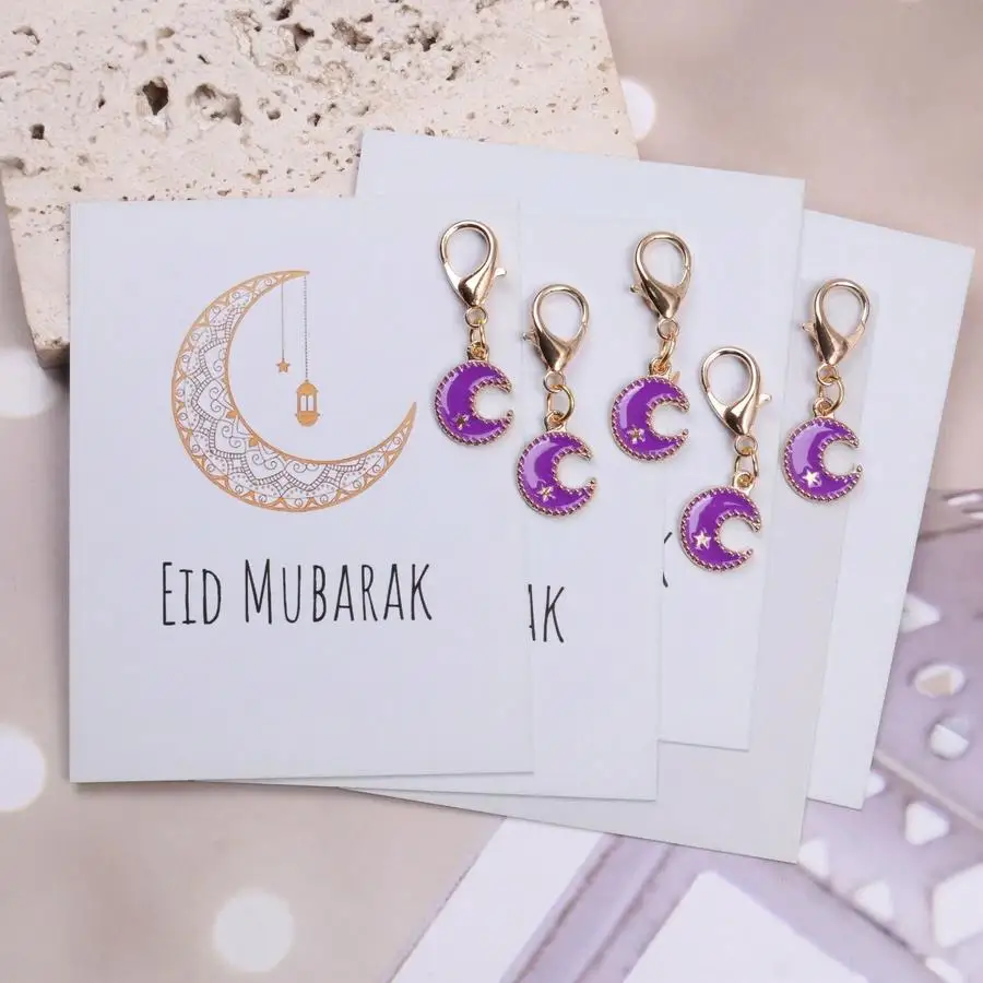 1/5/10/20/50/100pcs Eid Mubarak Gift Set, Unique Moon Print Pocket Hug Card. Eid Gift Distinctive Moon Keychain, Fashionable Uni