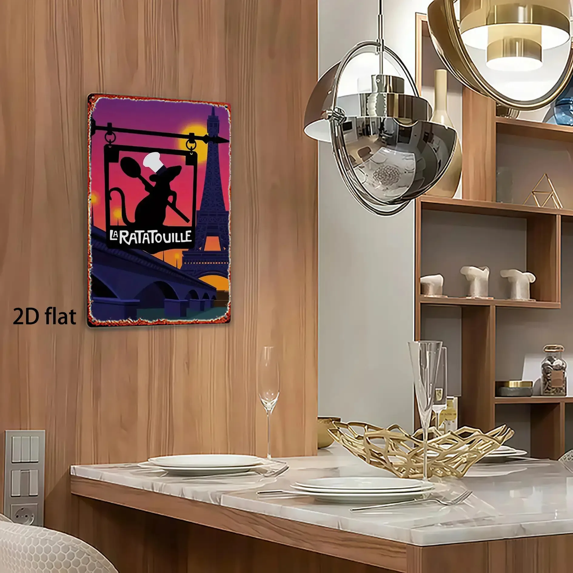 قطعة واحدة من لوحات الحائط الحديدية من ديزني "راتاتالويل" باريس - لافتة معدنية ثلاثية الأبعاد لبرج الشيف ريمي وإيفل، 20.32 × 30.48 سم ديكور منزلي ريفي مع مسبقًا