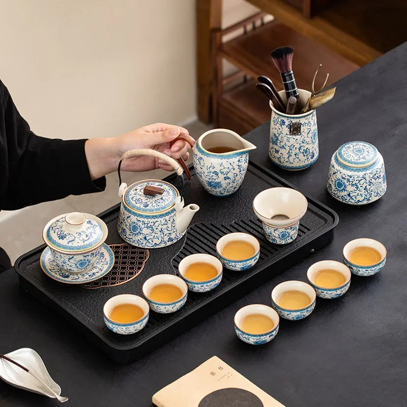 Blue and White Kung Fu Tea Set Complete Set of Household Teapot High-end  Bowl Office Ceramic  Cup Tray Trend