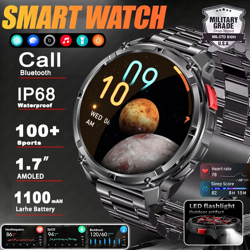 

1100mAh Battery Smartwatch 1.7-inch LED Flashlight BT Call Multi-Sport Mode Compass Health Monitor IP68 Waterproof Smart Watch