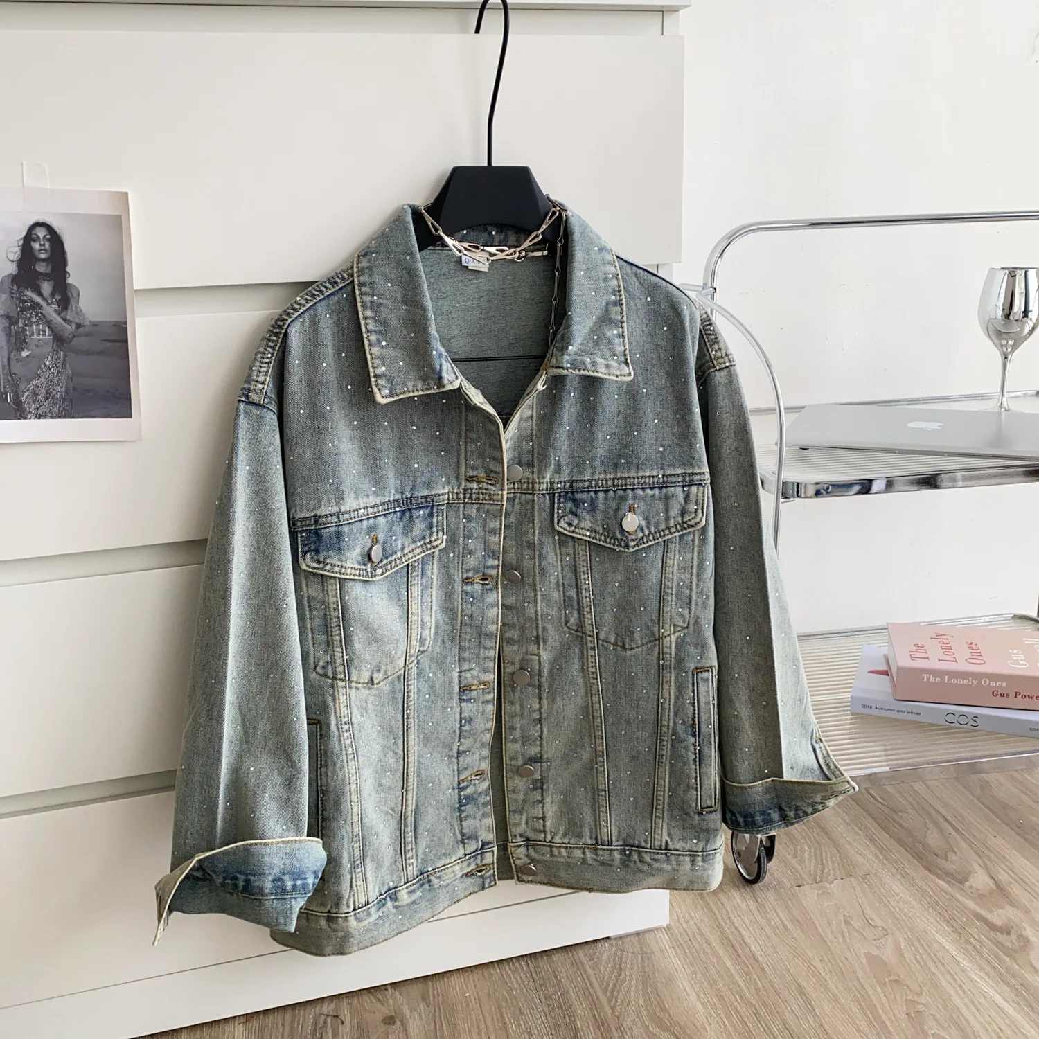 

Denim Coats Women Casual Loose Coat Hot Drilling Jackets Turn Down Collar Y2k Streetwear Work Elegant Jacket Autumn Winter