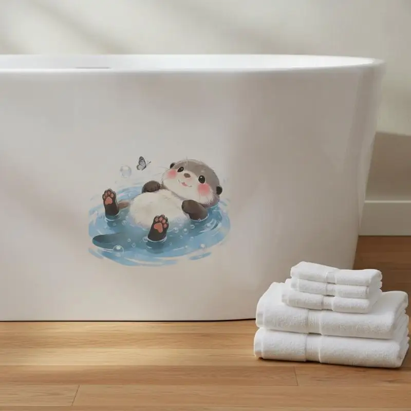Cute Otter Toilet Tank Sticker Ocean Wave Vinyl Decal Adhesive Wall Art For Bathroom Home Decor Accessories