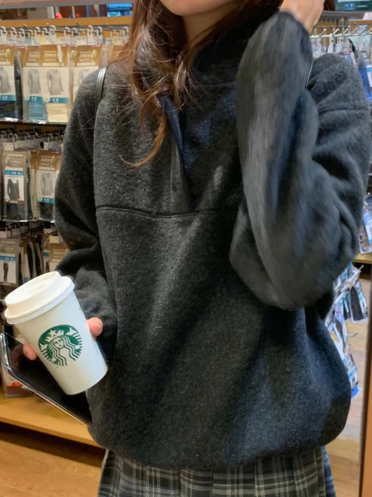 Chic Retro Thiened Warm Sweatirt Women's Loose Top f High Collar  Design Winter New Sle Comfortable Casual Wear