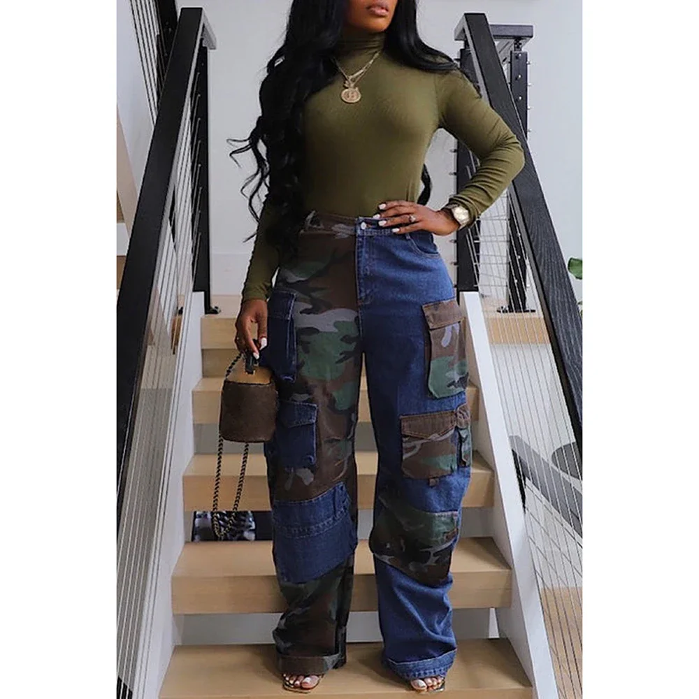 Plus Size High Waist For Female Denim Pants Slimming Hit Color Wide-legged Colorblock Pocket Flares Trousers Fashion Streetwear