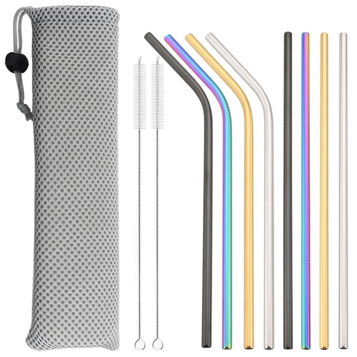 11pcs 304 Stainless Steel Straw Set Color Reusable Straw Straight Bent Drinking Straw With Bag Cleaning Brush Home Bar Accessory