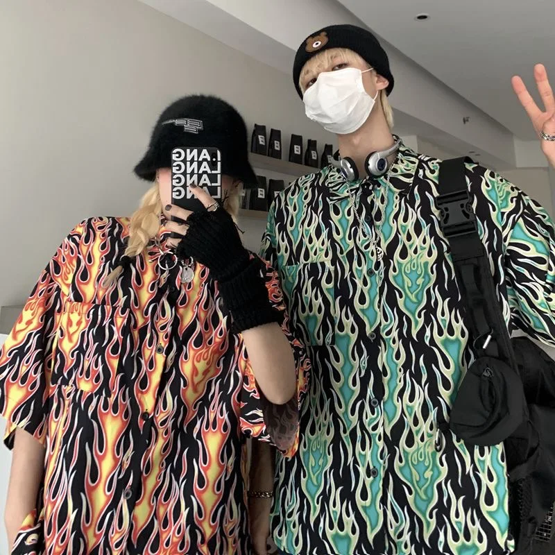 

Male Flame Print Trendy Shirts Tops Men Ins Chic Y2K Summer Gothic Punk Party Nightclub Blouse Unisex Lover Festival Holiday Top