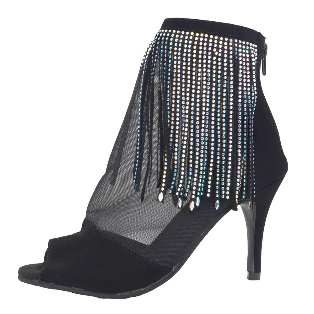 Women Practice Dance Shoes Slim Heel Latin Salsa Ballroom Dance Shoes Black Dance Shoes Crystal Wedding Party Dancing Shoes Boot
