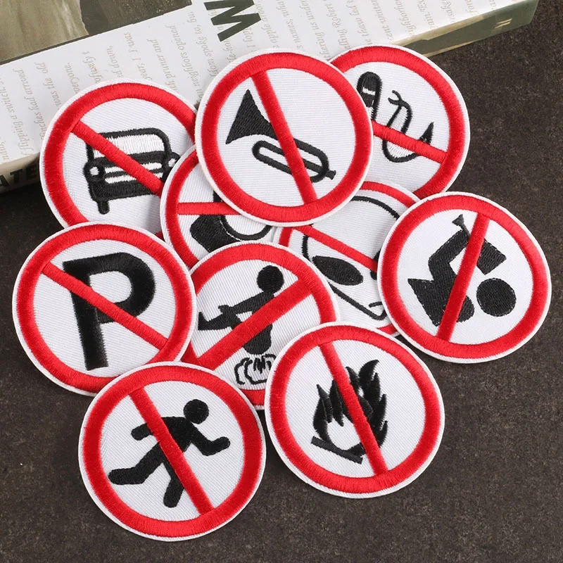 Funny Prohibit Sign Cloth Appliques Thermo Adhesive Backing No Smoking No Photo Embroidery Round Iron on Patches Warning Badge