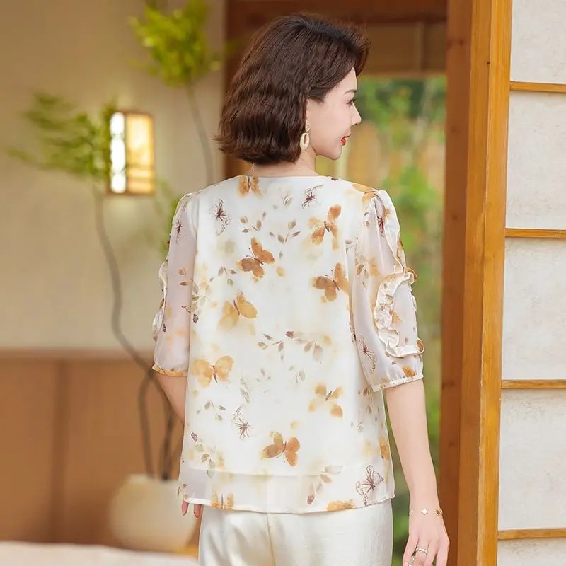 Mom Dress for Middle Aged Summer Clothes Fashionable and Slim Women's Shirt Tops Snow Woven