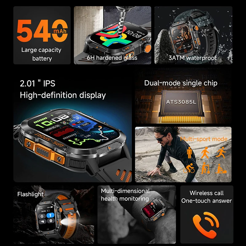 T-REX3 Outdoor Sport GPS Position Smart Watch Men 3ATM Waterproof Compass Altimeter 540mAh BT Call Fitness GPS Watch Android IOS