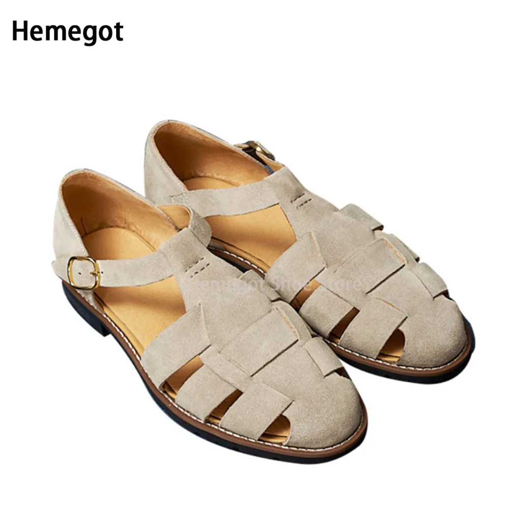 

Summer Cowhide Buckle Roman Sandals Men Breathable Hollow Comfortable British Style Round Toe Sandals Flat Casual Sandals