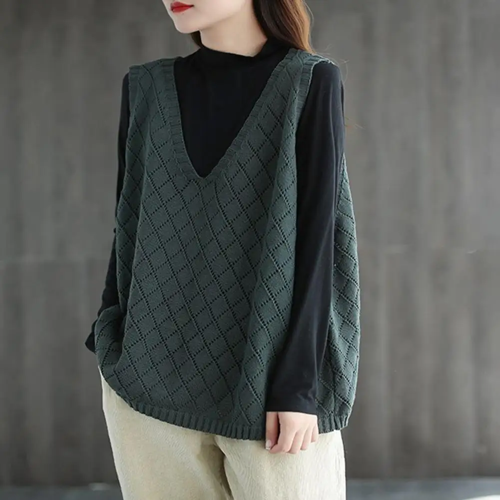 Spring Fall Women Knitted Vest Retro V Neck Loose Sleeveless Sweater Vest Solid Color Pullover Hollow Out Rhombus Texture Top