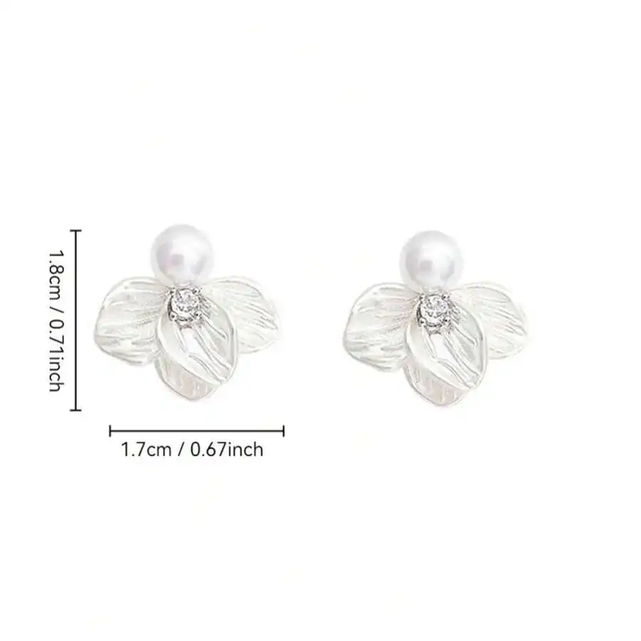 

Elegant White Flower Stud Earrings Featuring Textured Petals, Center Crystal, And Pearl Top For Women