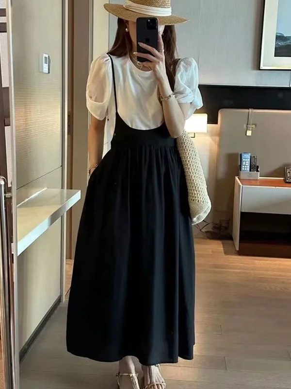 

Летний комплект из двух предметов в корейском стиле: свободное платье в горошек на бретельках с круглым вырезом и рукавами-фонариками, топ и брюки, большие размеры