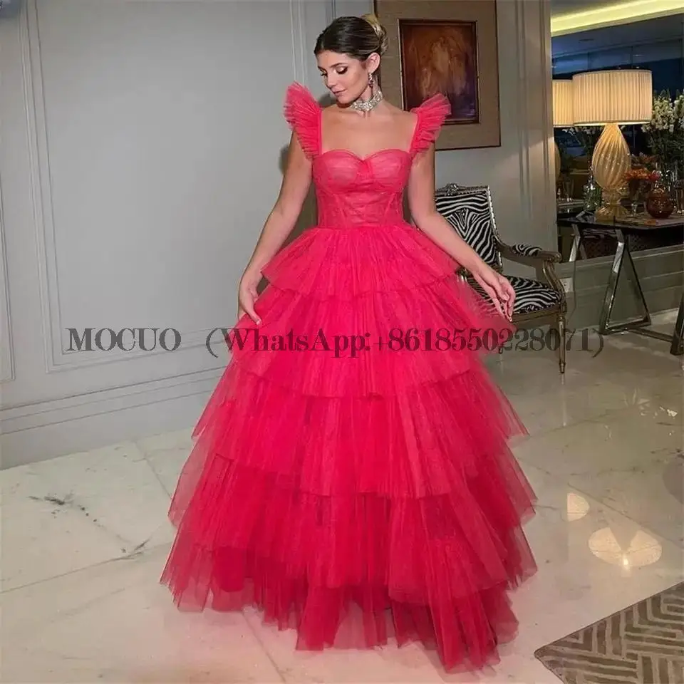 

Unique Fushcia Women Evening Dress Layered Tulle A Line Prom Gown Green Black Red Formal Dresses Graduation Robe de soiree