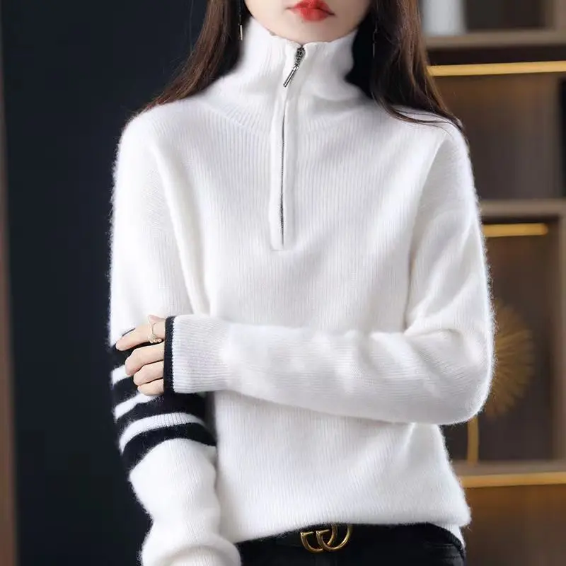 Fashionable Korean Style Thickened Zipper Lapel Knitted for Women's Autumn Winter New Versatile Loose