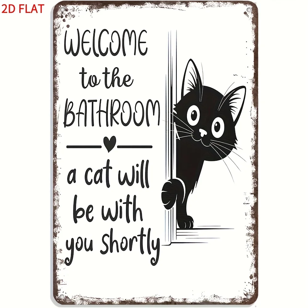 2D flach, 1 Stück, Vintage-Badezimmerschild, lustige schwarze Katze, Willkommensschild, rustikales Bauernhaus, Holzwandkunst für Badezimmer, Heimdekoration, Geschenk