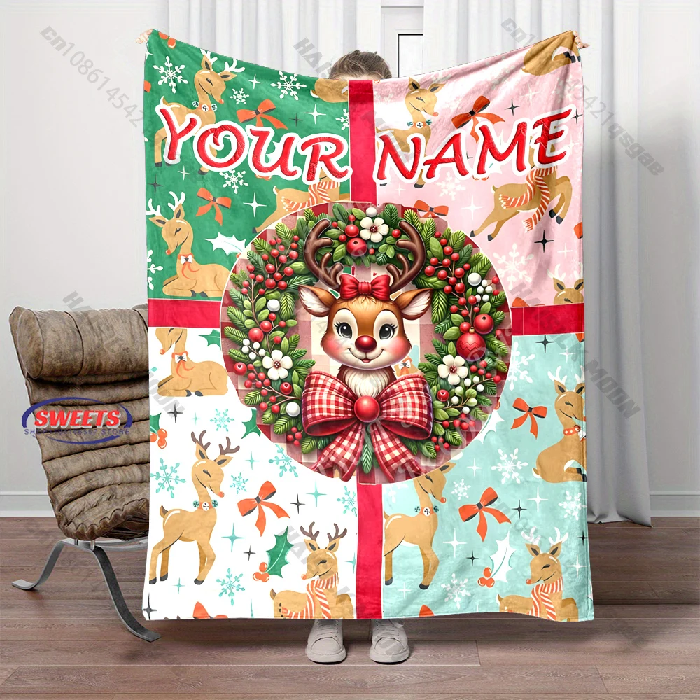 Personalized Custom Name Christmas Blanket, Cute Rudolph Red Nose Reindeer Wreath Print Winter Sofa Bed Blanket,Christmas Gift