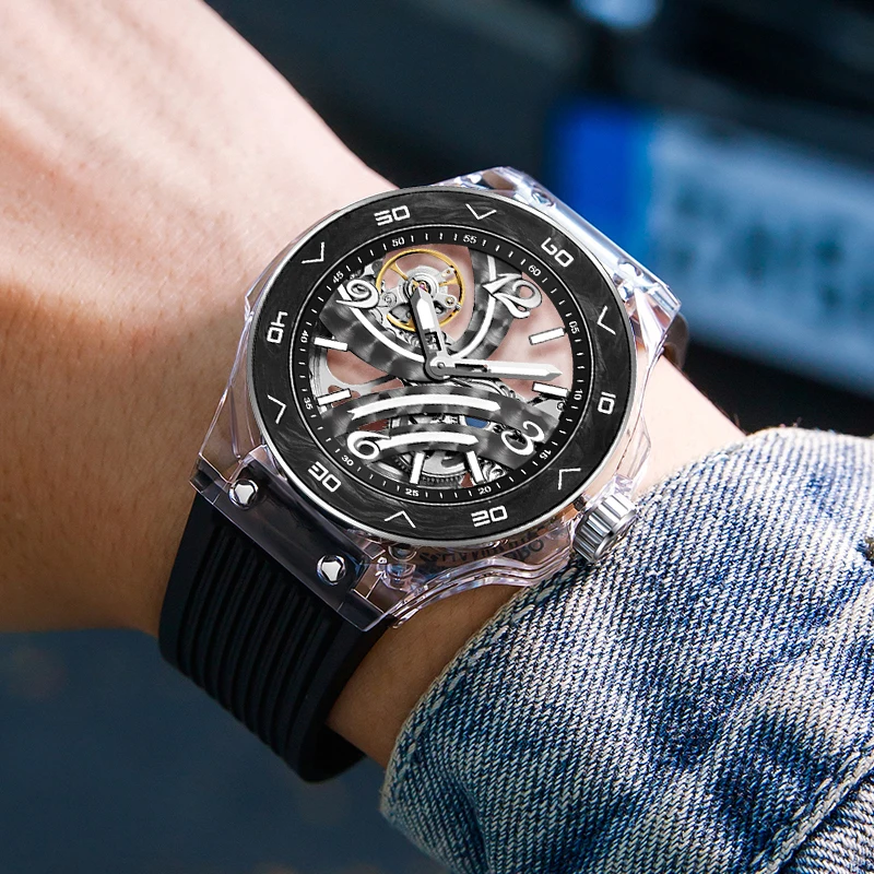 HANBORO New Luxury Men Watches Fashion Automatic Mechanical Man Wristwatch Skeleton Transparent case Luminous Watch for men