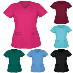 2024 Summer Women Top Fashion V Neck Soild Short Sleeve Tops Pocket Working T-Shirts Blouse Women's Athletic Shirts