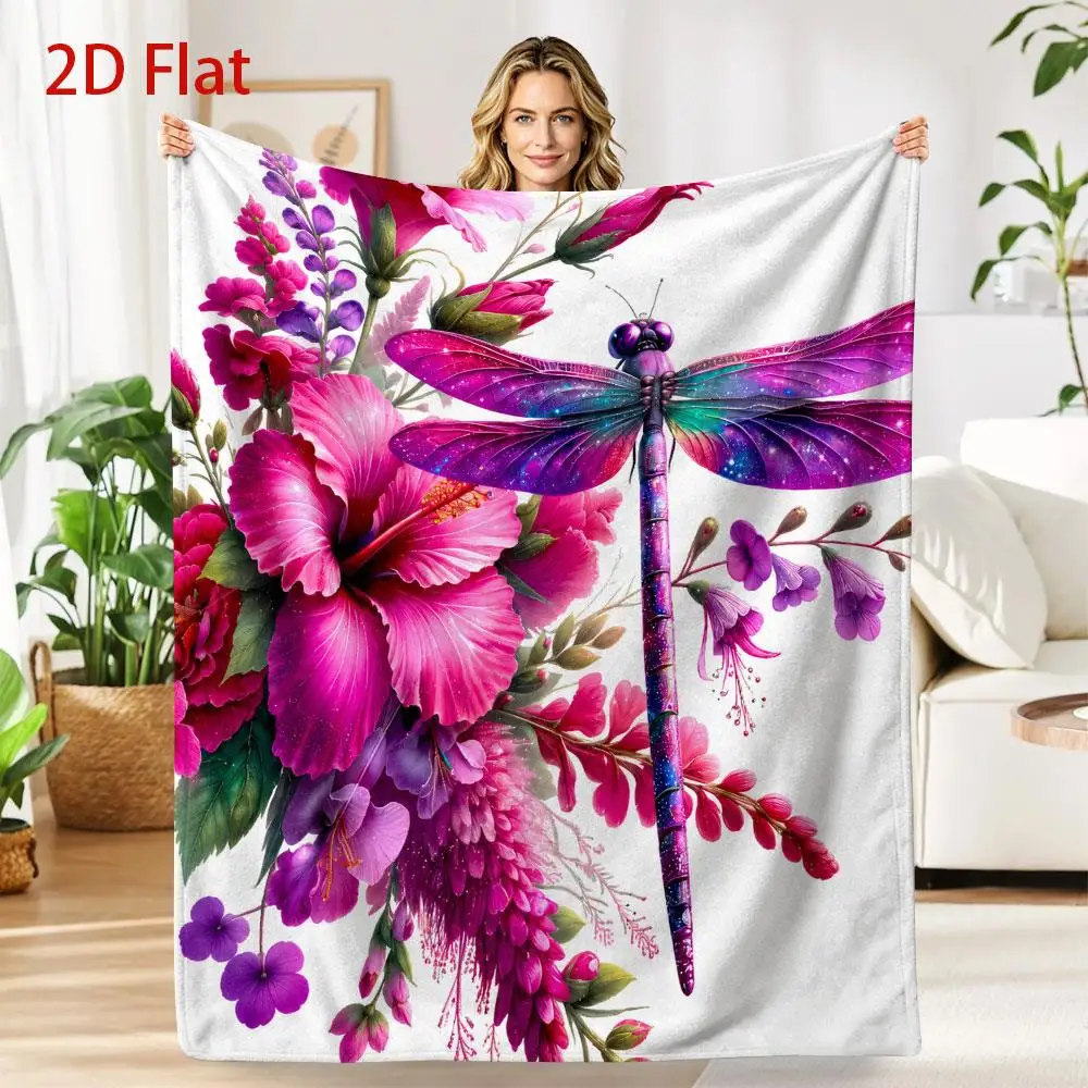 Tropical Floral Dragonfly Art Throw Blanket Vibrant Hibiscus Purple Insect Large Print Bright Home Couch Bedroom Blanket