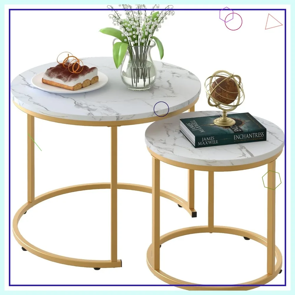 

Modern Nesting Coffee Table Set with White Marble Top and Golden Frame for Living Room