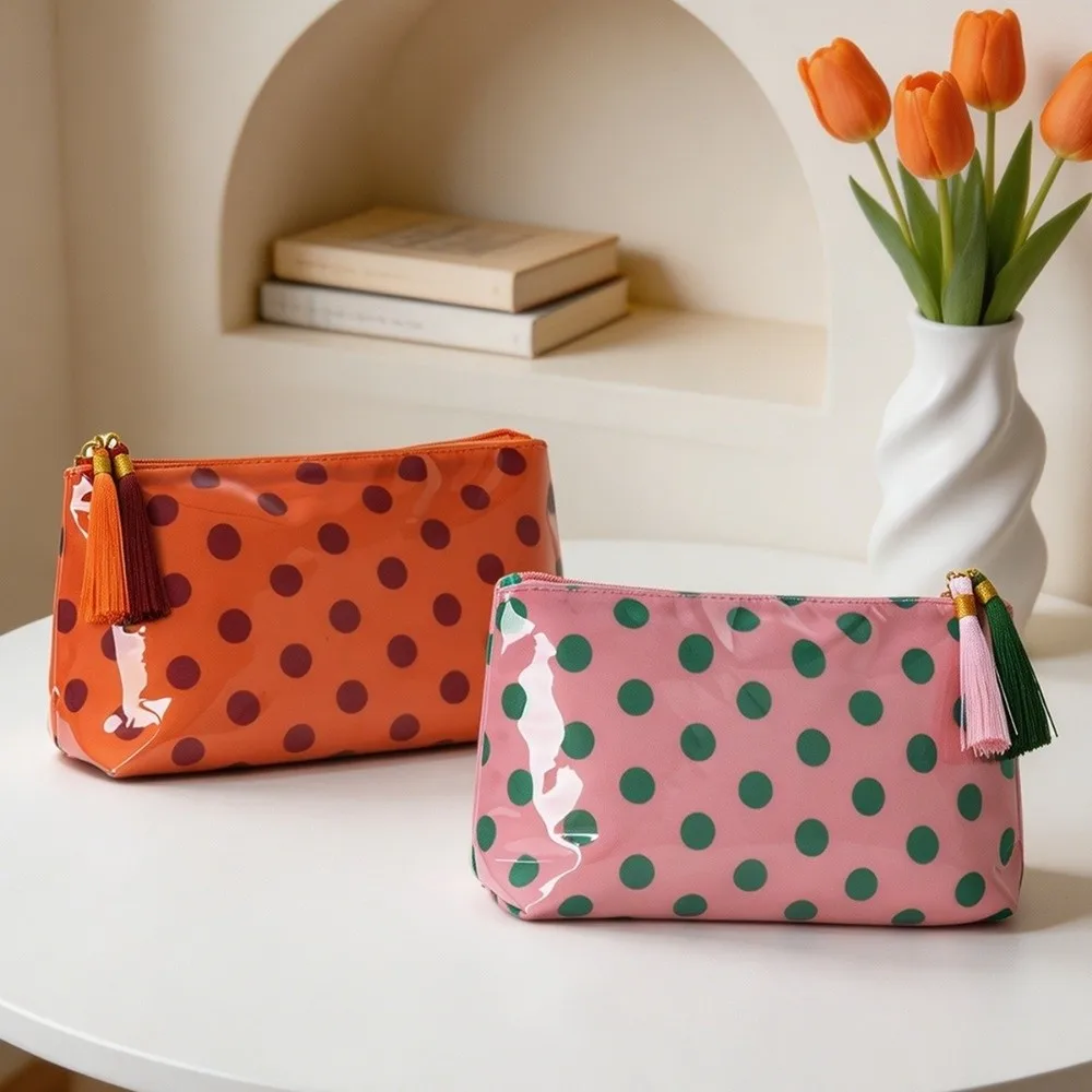 Multi-Purpose PVC Polka Dot Makeup Bag Retro Polka Dot PVC Cosmetic Bag With Tassel Waterproof Cosmetics Organizer Bathroom