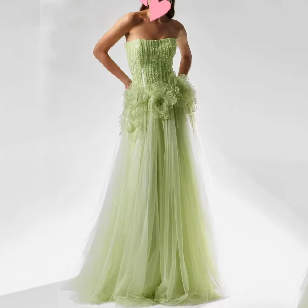 

Arya Elegant Green Evening Dress Tulle for Floor-Length Strapless Sleeveless Prom Dress Beading Vestidos De Fiesta Customized