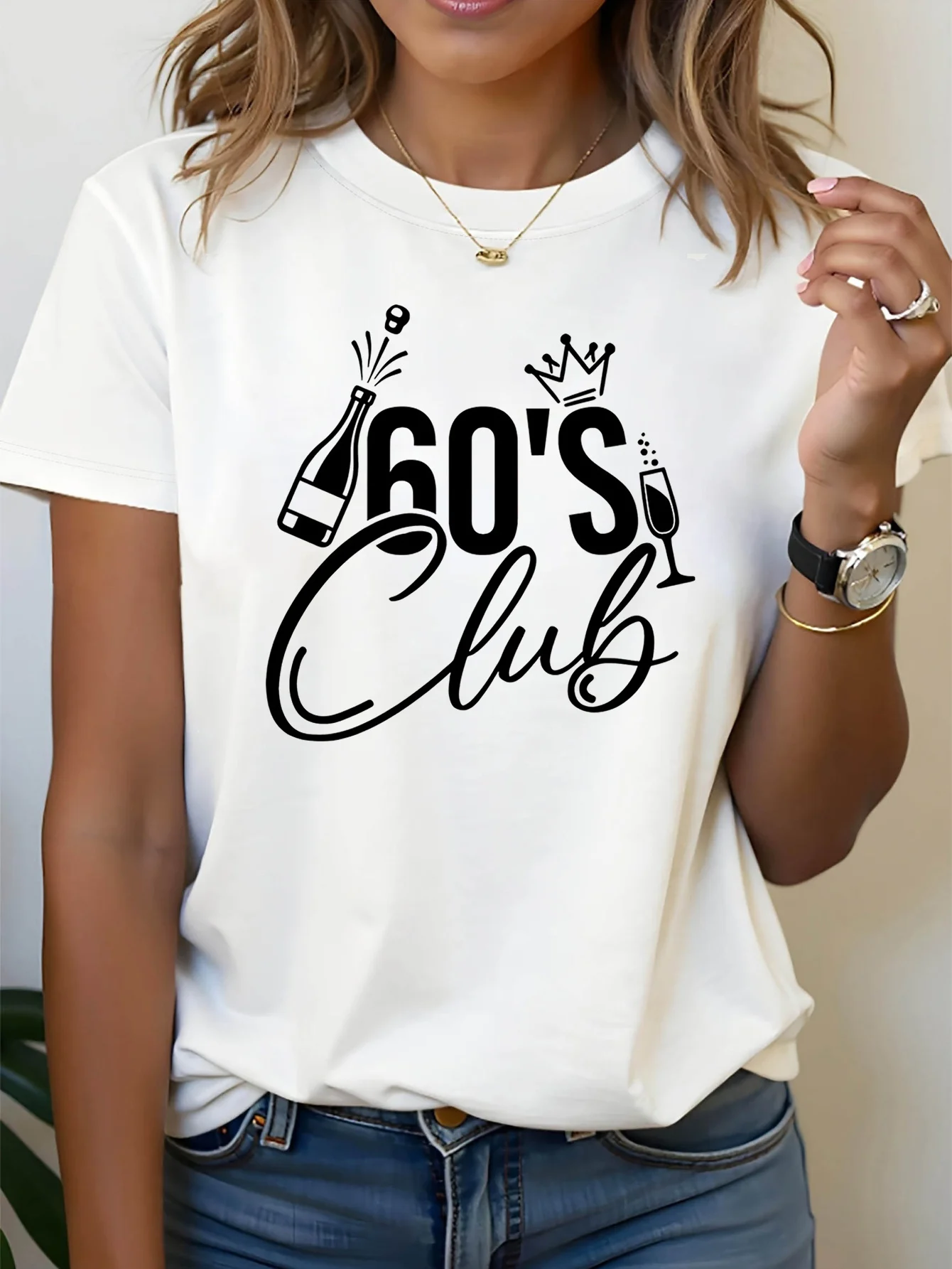 Women's 60th Club Theme Champagne Crown Slogan Decor Sleeve Black-White Elegant Celebration 60th Birthday Gathering Top