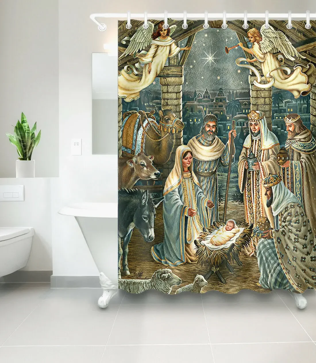 Waterproof Fabric Welcome Nativity Jesus Bathroom Unique Shower Curtain Liner