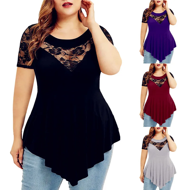 New Summer Fashion Colors Sexy Lace Women Plus Sizes Ruffles Loose Big Large Vintage Fashion Cotton Spring T Shirts Tops Tees