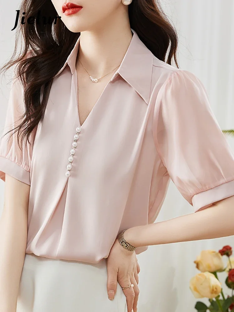 

Jielur Summer New Korean Solid Color Women Blouse Sweet Ladies Elegant Simple Blouse Woman White Pink Casual Loose Top Female