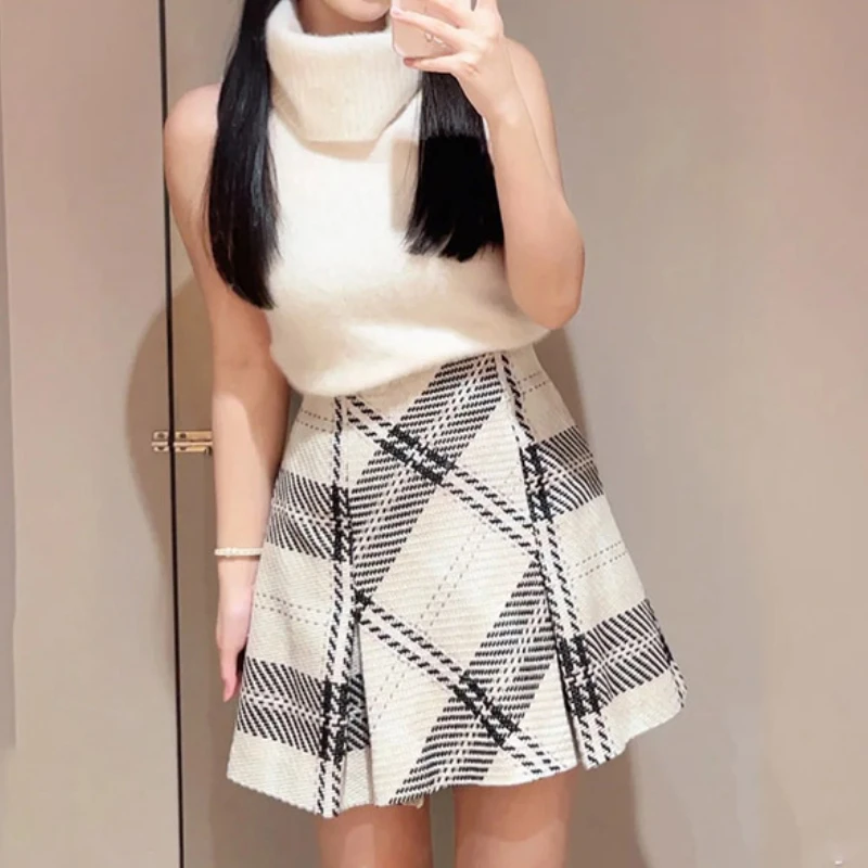 2024 Fall Winter New Temperament Flared Skirt Vintage Plaid High Wasit Slim A-line Mini Jupe Casual All-match Fashion Faldas