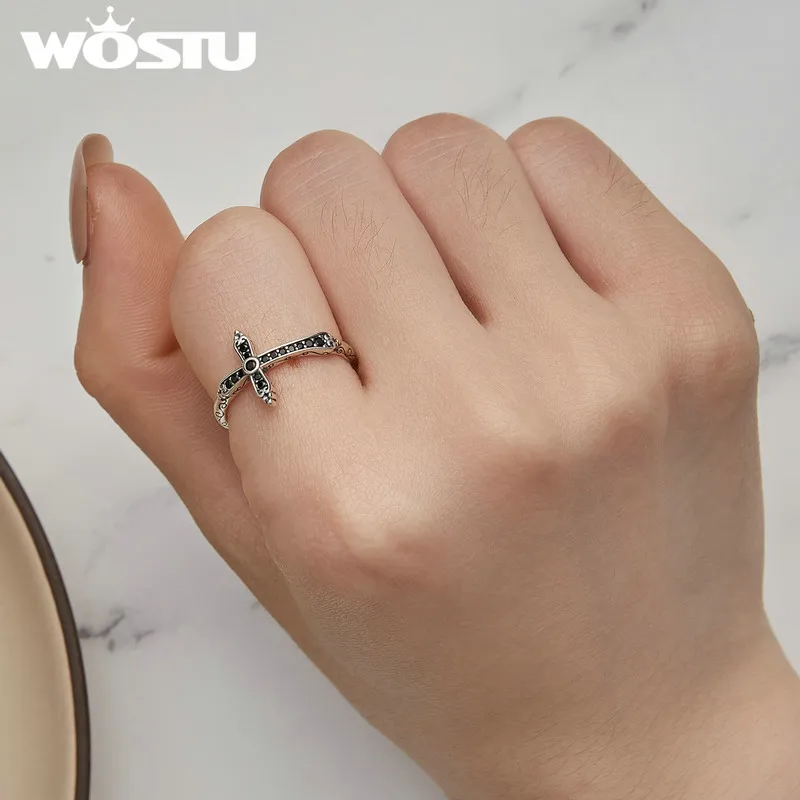 WOSTU Vintage 925 Sterling Silver Black Zircon Cross Rings For Women Retro Punk stackable Ring Hip Hop Jewelry Gift CQR930