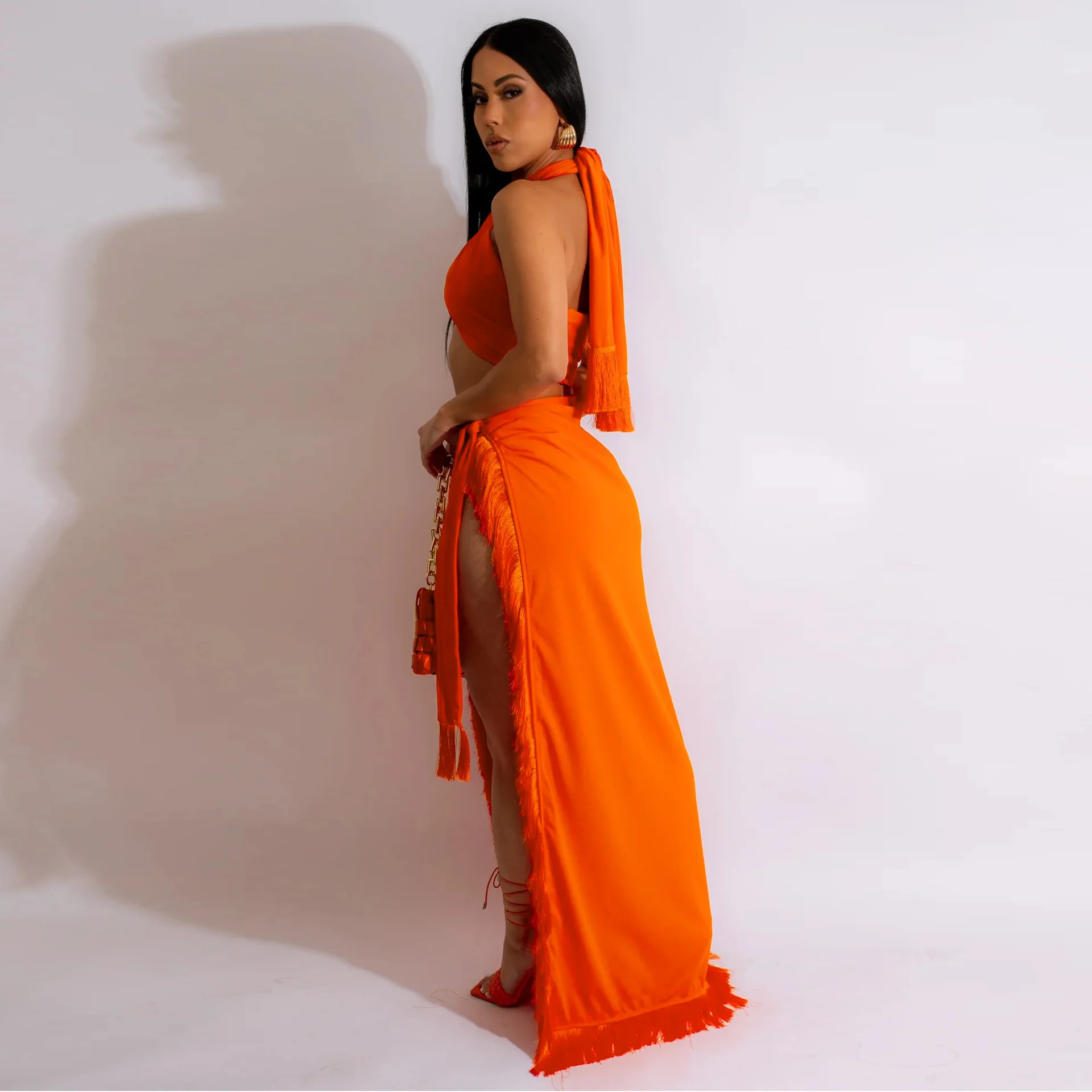 ثلاثة الأخوات 2025 الصيف المرأة مثير التوابل الفتيات النادي الليلي أكمام التفاف شريط للصدر شرابة سبليت قطعتين فستان مجموعة