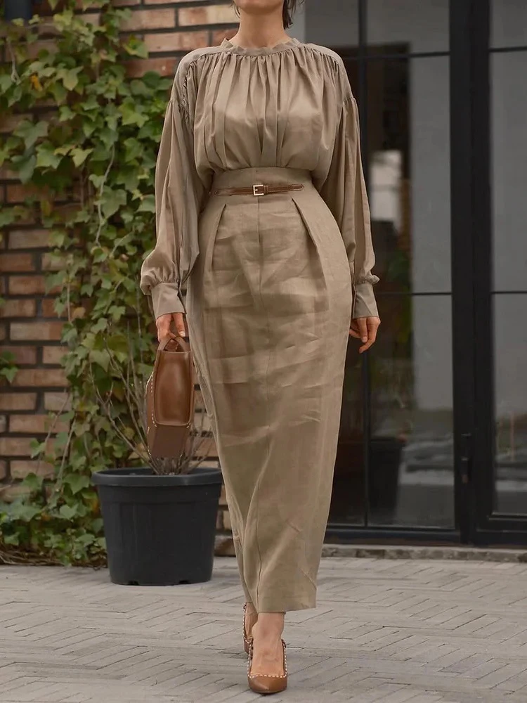 

Повседневный уличный свободный женский комплект из двух предметов, офисный элегантный темпераментный костюм в стиле ретро, однотонный топ с круглым вырезом и длинными рукавами и юбка, наряд