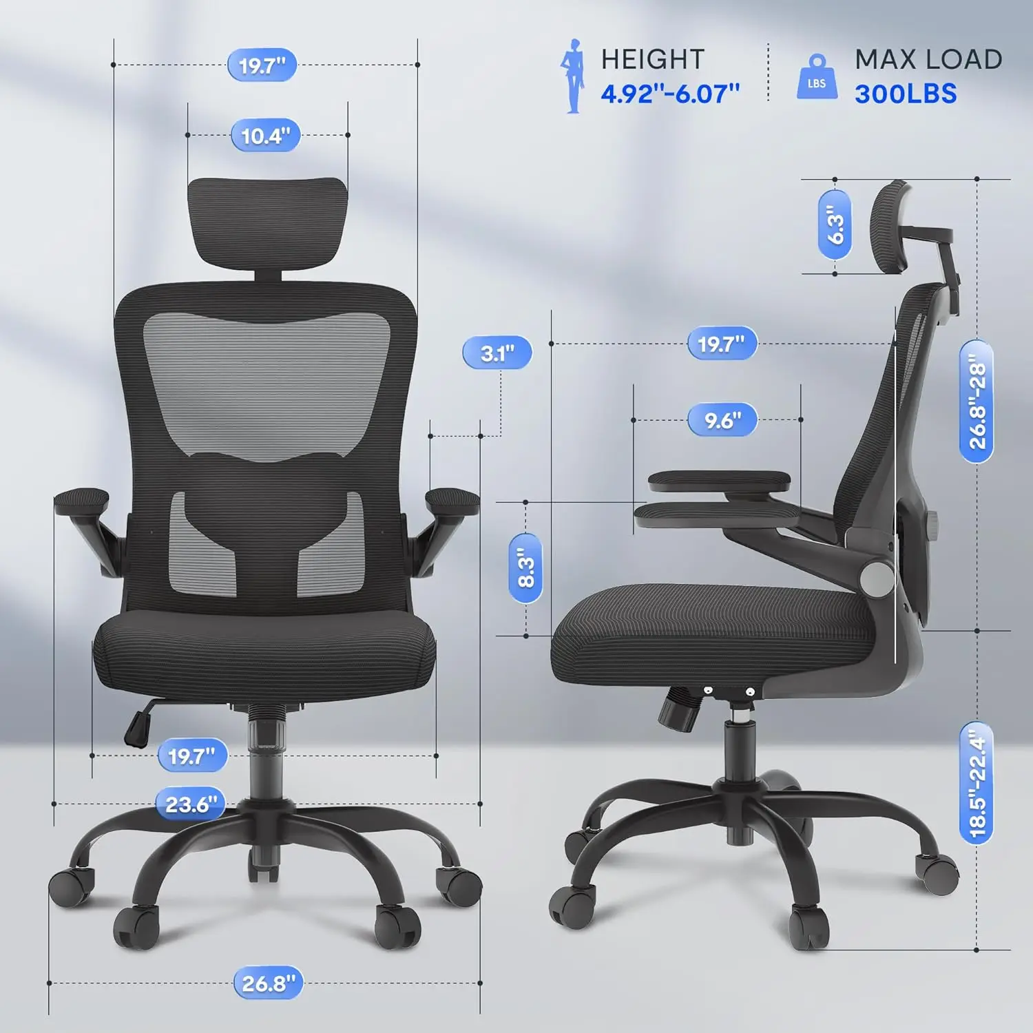 Ergonomische Bürostühle, Netz-Computertischstuhl mit hochklappbaren 3D-Armlehnen, verstellbarer Kopfstütze und Lordosenstütze