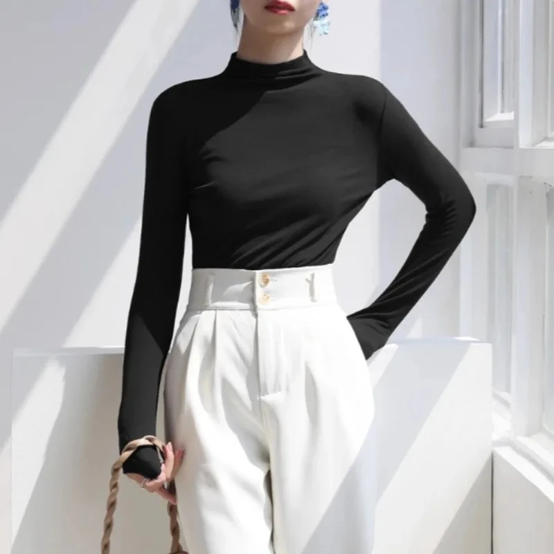 Autumn Winter Women T Shirt Long Sleeve Solid Color Pullover Basic Half Turtleneck Slim Fit Casual Top Korean Fashion Undershirt